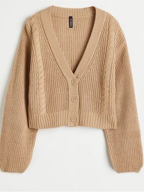 H&M Beige Cable Knit Cropped Button Front Cardigan Sweater Women’s Size L